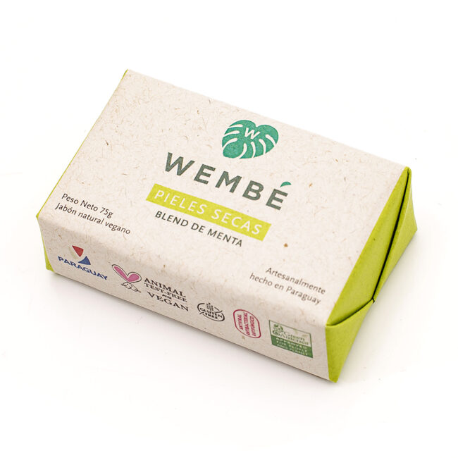 Jabón WEMBÉ para pieles secas con menta en su empaque de papel artesanal