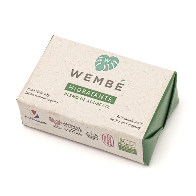 Jabón Hidratante WEMBÉ con aceite de aguacate en su empaque de papel artesanal