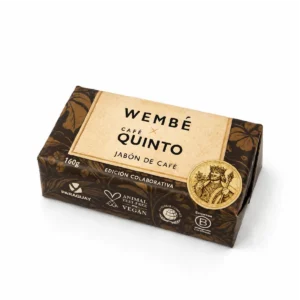 Jabón de Café WEMBÉ × Café Quinto de 160 g en su empaque de edición colaborativa
