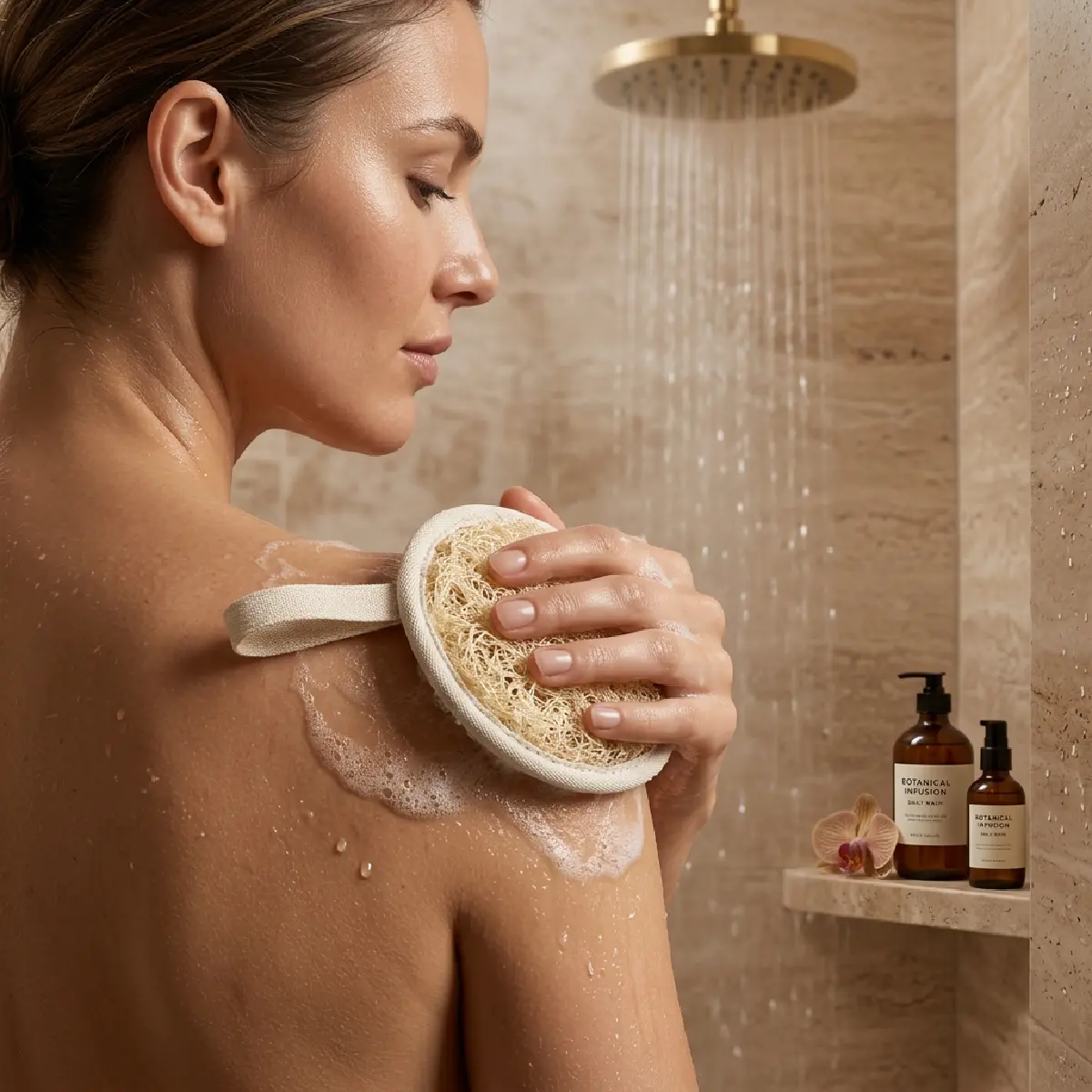 Mujer exfoliándose el hombro con la Esponja Vegetal Facial WEMBÉ