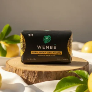 Luffa exfoliante 2 en 1 WEMBÉ blend de mburucuyá en su empaque de 160 g